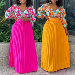 Mg3262 Latest Design Skirt And Top Set For Women V-neck Printed Blouse Pleated Long Skirts Set 2 Piece Outfits For Women