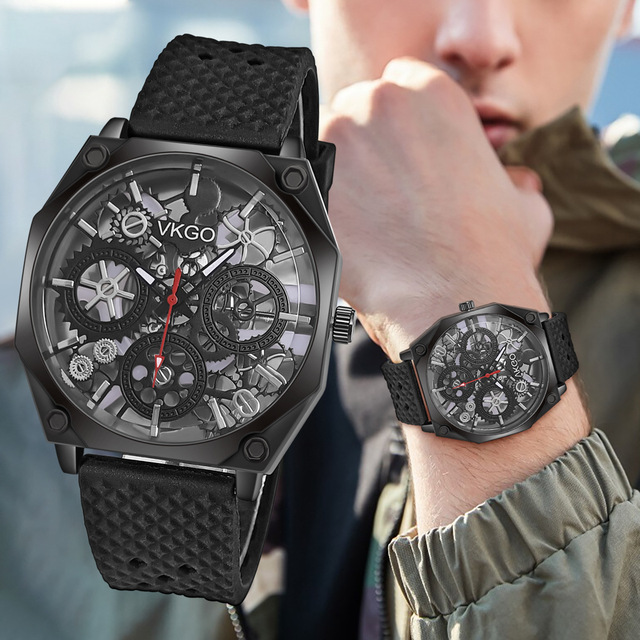 Men's New Fashionable Quartz Watch 1-Year Battery 50mm 22mm Hollow Literal Mechanical Thick Glass Silicone Alloy Pointer Display