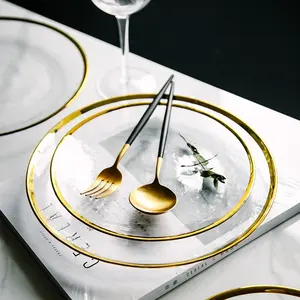 Toptan ucuz altın jant yuvarlak düz cam tabak düğün malzemeleri için