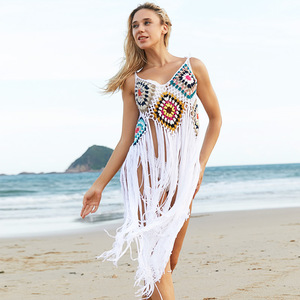 Bohème fleur bloc <span class=keywords><strong>frange</strong></span> robe de plage bretelles <span class=keywords><strong>mi</strong></span>-longueur découpé maillots de bain Crochet creux gland plage couvrir - Product Image 3
