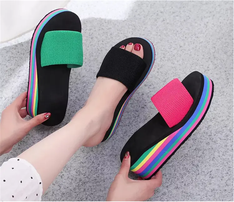 Rainbow Wedge Casual Flip Flop buckle soft anti-slip Outdoor Women's Platform Sandals Beach Slides Slippers