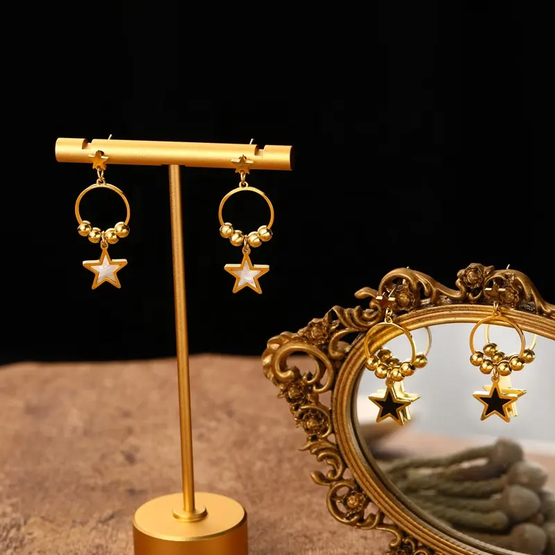 Lovely 5 Pointed Star Pendant Earrings Female Fashion Delicate Sweet Stainless Steel Gold Plated Bead Earring