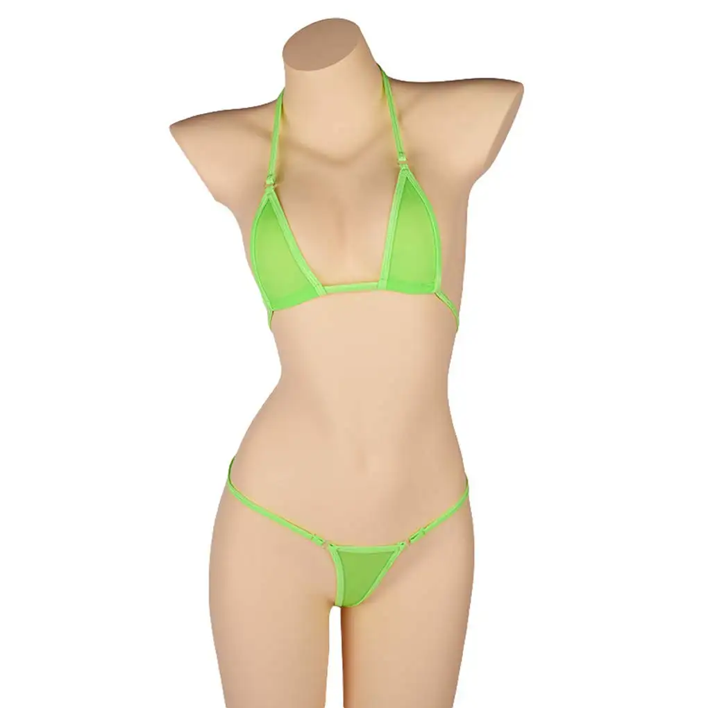 Dames Halterhals Micro String Bikini 2 Stuk Badpak Mini Stropdas Kant Pu Lederen Extreme Badmode Clubkleding Aangepast