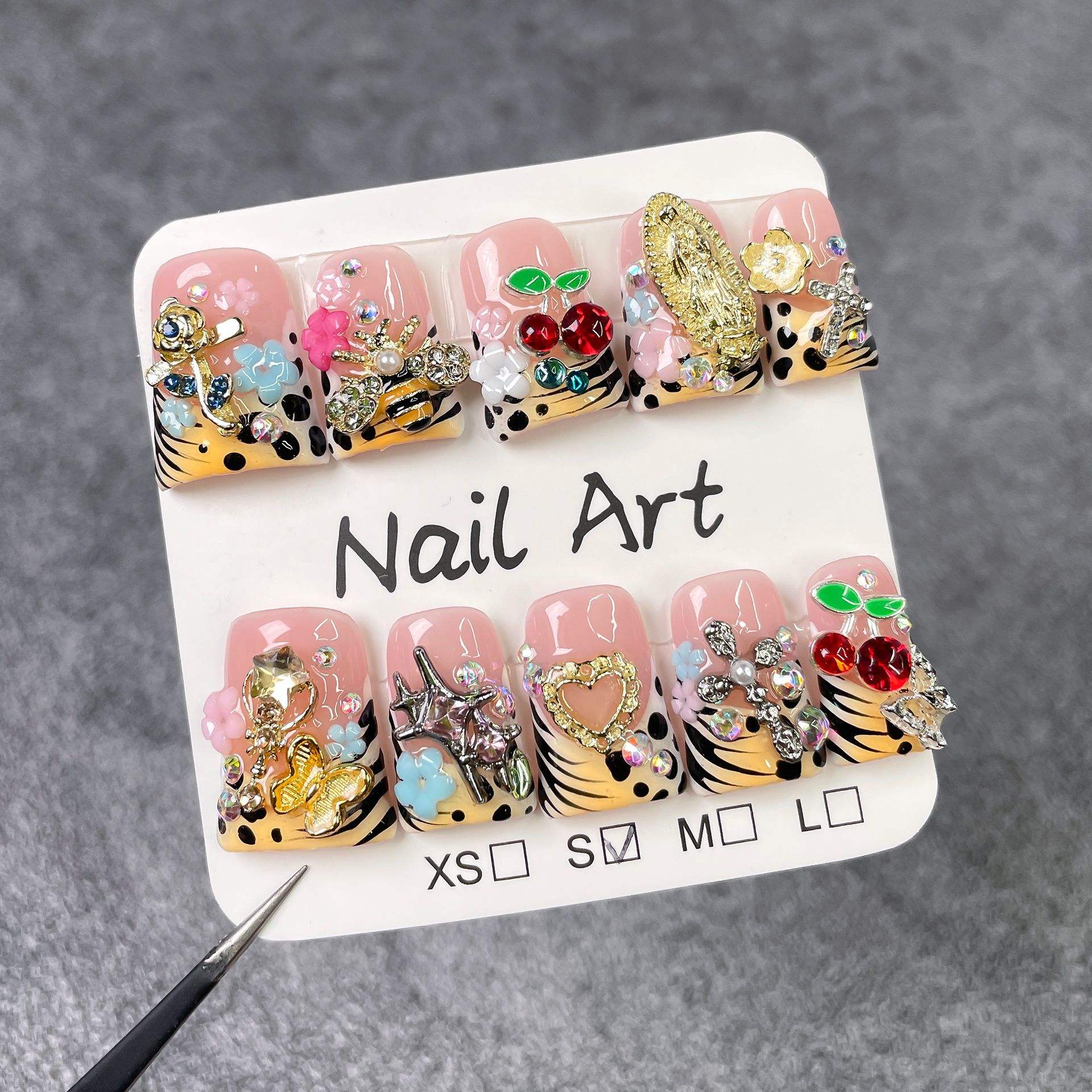 TSZS Leopard Prin Pink French Nail Tips Y2K Style Short Duck Handmade Press on Nails with Spikes Angel Flower Charms Rhinestones