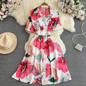 Nuevo Vestido Casual con Estampado Floral, Cuello Vuelto, Cierre de Botón, Cinturón en la Cintura, Vestido de Mujer con Corte en A en Contraste - Product Image 1