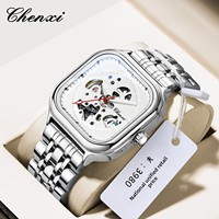 Montre mécanique squelette carrée pour homme de haute qualité avec bracelet en acier inoxydable, montre-bracelet automatique de luxe et élégante pour les affaires