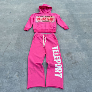 Ensembles de pantalons de survêtement et sweat à capuche zippé imprimé couleur unie design d'usine survêtement baggy en coton - Product Image 6