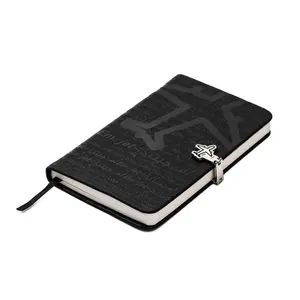 Cuaderno escolar de cuero pu de alta calidad, cubierta negra con logotipo en relieve, tapa dura A6, organizador, planificador