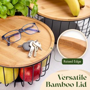 Three Piece Iron And Bamboo Fruit <b>Basket</b> Set Round Stackable Kitchen <b>Storage</b> With Lid <b>Large</b> Capacity For Fruits Vegetables - Product Image 4