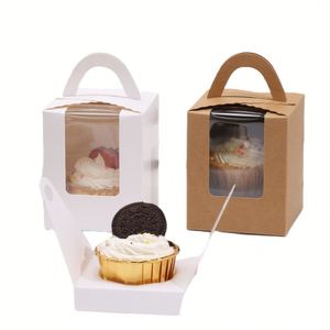 Single Cupcake Boxes Individual Cupcake <b>Containers</b> Muffins Cupcake Carriers Holder Kraft Pastry <b>Containers</b> with Window & Handle - Product Image 1
