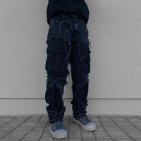 DiZNEW Détruit les jeans et pantalons à jambe droite pour hommes, patchwork déchiqueté, high street, hip hop, hipster, à la mode