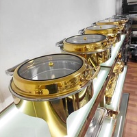Pemanas Makanan Buffet Bulat Kapasitas 6L Berbahan Baja Anti Karat Mewah Bertenaga Bahan Bakar, Wadah Sajian Emas dengan Tutup Kaca, Peralatan Dapur Hotel