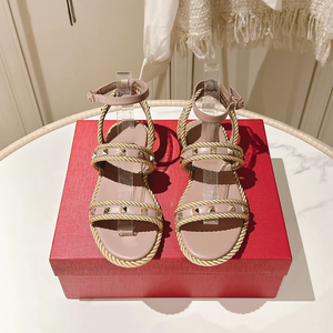 Women's Nude Studded Two Strap Flat Sandals with <b>Rope</b> Trim and Ankle Buckle - Product Image 1