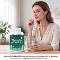 Capsules de magnésium et zinc à marque privée OEM, 90 unités, 225 mg avec vitamine D3, supplément à base de plantes