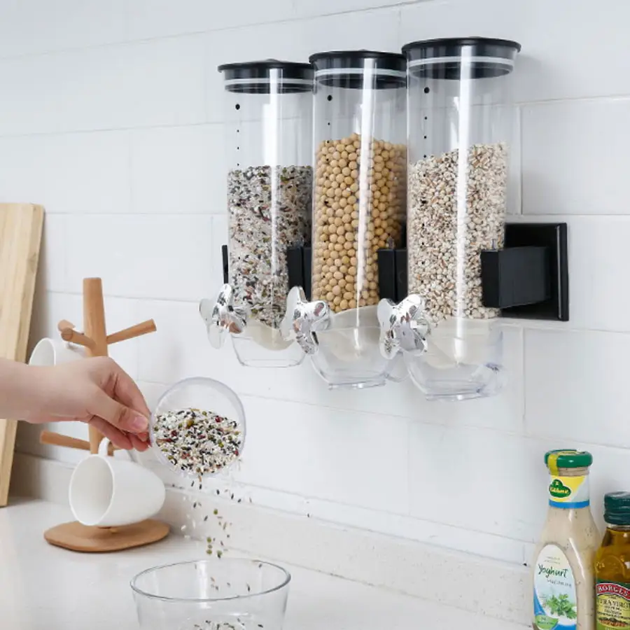 Plastic Kitchen Wall-mounted Triple Dry-Food Dispenser Storage Container