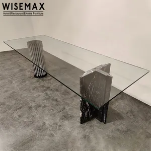 Wisemax Meubels Italiaanse Restaurant Eettafel Rechthoekige Glazen Top Marmer Benen 6 Zits Luxe Eettafel Stoelen Set