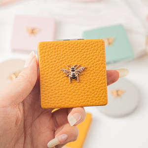 Bee Embellished Metal Silver Finish <b>Compact</b> <b>Mirror</b> Square Folding Double Sided Makeup Portable Pocket High Reflectivity - Product Image 5
