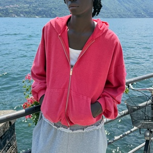 Custom Men Hot Pink Oversized <b>Zip</b> Up Hoodie Drop Shoulder Kangaroo Pocket Loose Cropped Full <b>Zip</b> <b>Hooded</b> Jacket Casual Sweatshirt - Product Image 2