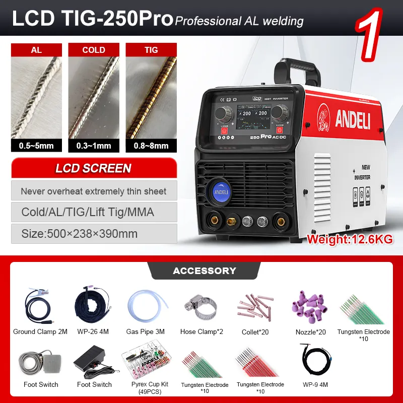 ANDELI Neuzugang LCD Smart Tig-250 Pro 6 IN 1 AC DC HF TIG Puls Kalt MMA multifunktionale Aluminium-TIG-Schweißmaschine