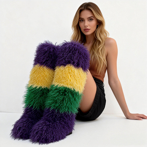 2026 Carnival Winter Mongolian Fur <b>Knee</b> Over Snow Boots Punk Fashion Fluffy Plush Artificial Wool Boots - Product Image 2