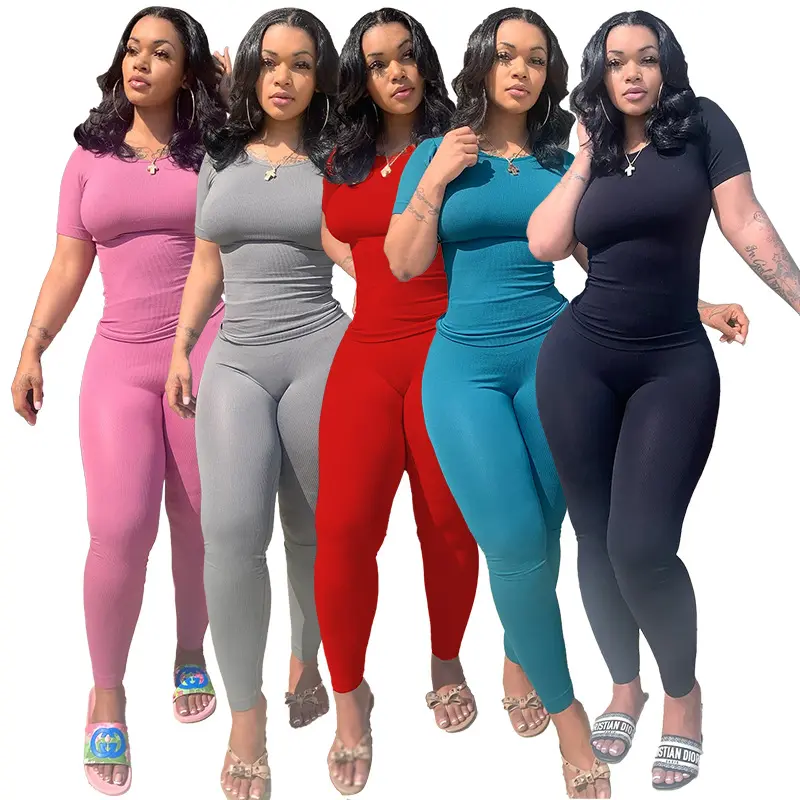 Truen 2024 nouveauté LOGO personnalisé mode Pit Strip haute élastique couleur unie à manches courtes pantalon costume deux pièces ensemble vêtements femmes