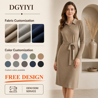 Robe pour femme en tricot opaque de qualité supérieure 280GSM, col polo, ceinture, hiver, douce, coupe ajustée, manches longues, longueur genou, logo personnalisé OEM