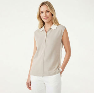 Chaleco Casual Transpirable de Algodón y Lino para Mujer, con Bloques de Color Gris y Blanco, Cuello <span class=keywords><strong>Polo</strong></span> y Sin Mangas - Product Image 1