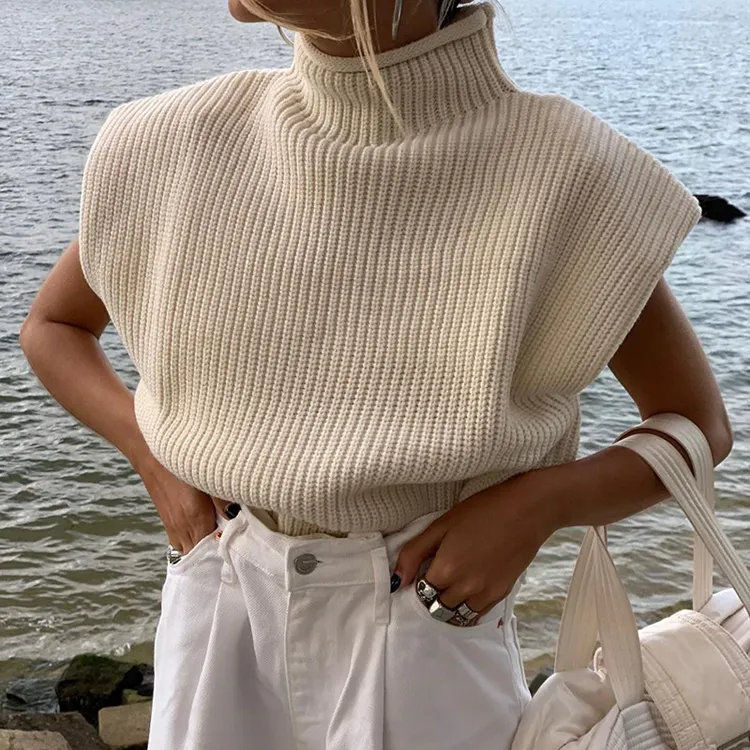 High Quality Jumper Shoulder Pads Knitted Sleeveless Winter Autumn Female Pullover Tops Casual Turtleneck Women Sweater