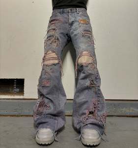 남자의 빈티지 고딕 스트리트 패션 청바지 맞춤 의류 제작 브랜드 눈물 패치 프린지 느슨한 남자 친구 맞춤 - Product Image 1