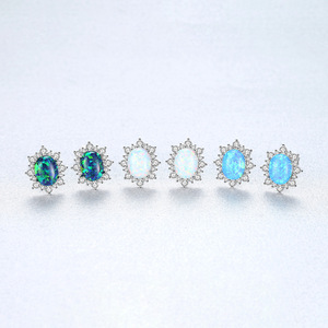 Luxury Classic 925 <b>Silver</b> Opal <b>Stud</b> <b>Earrings</b> With Round Brilliant Cut Diamonds Flower Shape Women's Everyday Wear Jewelry - Product Image 4