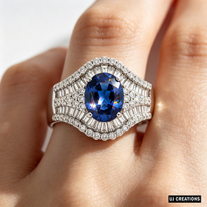 Bague personnalisée en or massif 10K/14K/18K avec saphir ovale de laboratoire, sertie de diamants en griffes, halo de diamants, certifiée IGI, taille brillant 10x8mm, VVS-VS - Product Image 3