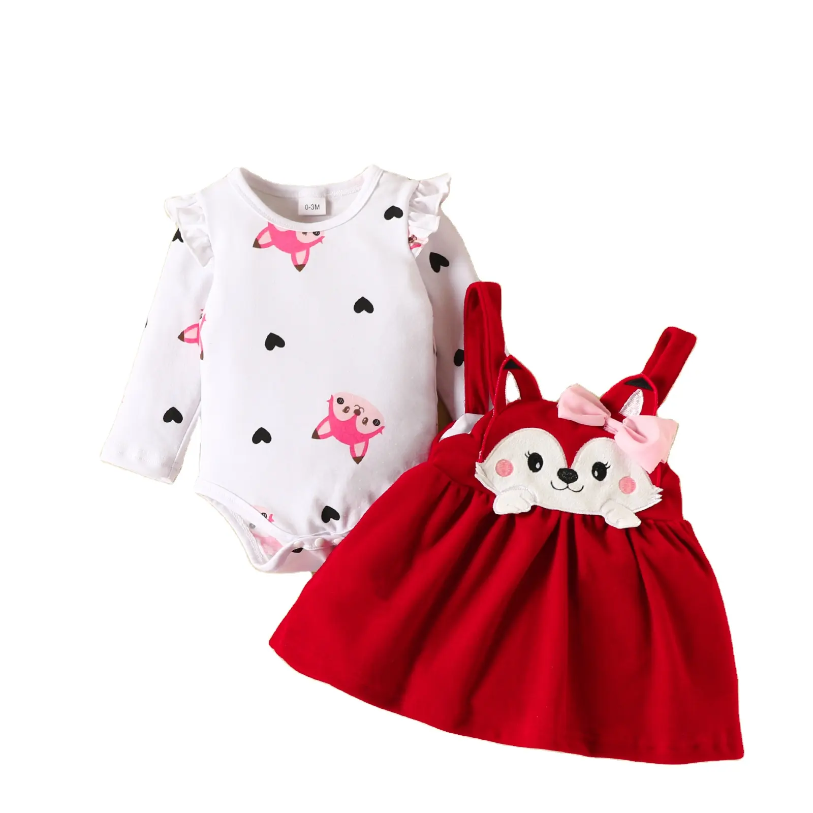 2024 Factory Wholesale Baby Girl Clothes Autumn Baby Kids Cartoon Fox Love Print Long Sleeve Romper Bow Strap Dress Suit