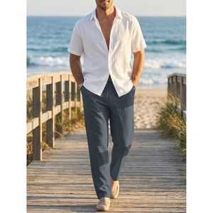 FOXA Mens 100% Cotton Pants Casual <b>Elastic</b> Waist Drawstring Lightweight Summer Beach Trousers With Pockets - Product Image 2