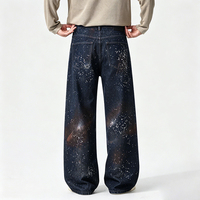 Pantalon large longueur cheville style américain rétro, motif ciel étoilé dégradé en encre, avec points blancs galactiques, pantalon tendance graffiti