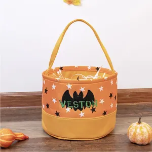 Orange Pumpkin Trick Or Treat Tote Kids Bucket Basket Polka Dot Stripe Halloween Candy Bags