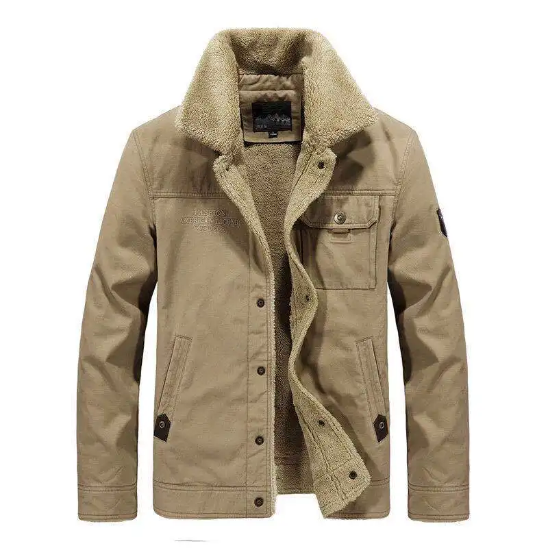 Male Masculina Bomber Jacket New Men'S Winter Coat Plus Velvet Thickening Khaki Middle-Aged Casual Short Tooling Loose Jacket