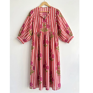 Vestido Midi Bohemio de Algodón con Rayas Rosas y Estampado Floral, con Estampado a Mano, para Mujer, Ropa Informal de Resort y Estilo Veraniego - Product Image 1
