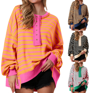 Suéter Popular Informal a <span class=keywords><strong>Rayas</strong></span> para Mujer, <span class=keywords><strong>Manga</strong></span> <span class=keywords><strong>Larga</strong></span>, Otoño e Invierno, Corte Holgado, Color Brillante, Diseño con Botones, <span class=keywords><strong>Cuello</strong></span> Redondo - Product Image 5