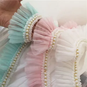 串珠丝带蕾丝褶褶边网带编织雪纺花蕾丝珍珠3D花卉装饰5厘米