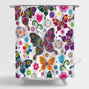 Butterfly Shower Curtain Set for Women and Girls Bathroom Decor Colorful Flowers and Butterflies Pattern Bathroom Accessories