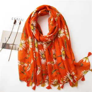 Wholesale 2020 new design women cotton voile shawl fashion orange sunflower printed printed scarf with beads