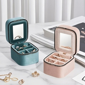 Velvet Rectangular Portable <b>Travel</b> Jewelry Storage Bag Ring Necklace Earrings with Mirror Zipper Solid Pattern Light Luxury - Product Image 3