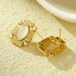Boucles d'oreilles clous carrées géométriques de style rétro français, en acier inoxydable, avec pierre œil de chat colorée et perle, pour une touche de personnalité - Product Image 6
