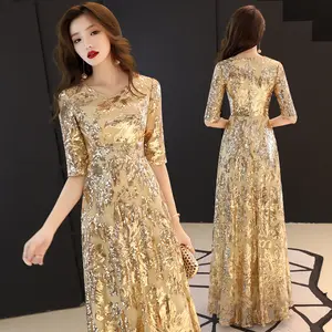 2022 New Gold Banquet Evening Dress Summer Fashion V-Neck Party Dress Elegant Red Mother of the Bride Dresses for Wedding
