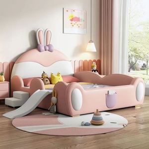 Pink Cartoon Rabbit Princess <b>Slide</b> <b>Bed</b> Solid Wood Frame Cotton Upholstery Guardrail Fun <b>Slide</b> Kids Bedroom - Product Image 3