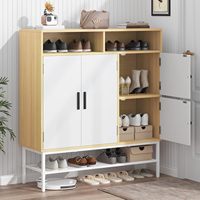 Meuble à chaussures moderne blanc et chêne à 4 portes avec étagères réglables, organisateur d'entrée de 109 cm de haut avec base en maille métallique pour couloir.