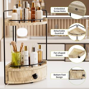 Scaffale <span class=keywords><strong>angolare</strong></span> a doppio strato per il ripiano del bagno con cassetti e contenitori in legno integrati - Product Image 4