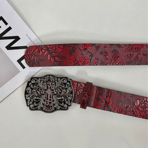 Cinturones de Diseñador, <span class=keywords><strong>Cinturón</strong></span> Y2K, Cinturones Vintage para <span class=keywords><strong>Mujer</strong></span>, Hebilla Cruzada Ornamentada, Patrón Floral, <span class=keywords><strong>Rojo</strong></span>, Accesorio de Moda para Conjuntos Modernos - Product Image 3