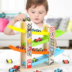 New Design Early Childhood Educational Wooden Racing Track Car Ramp Toy with Car Garage