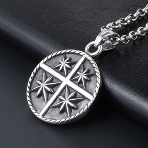 Men's Stainless Steel Round Pendant <b>With</b> <b>Cross</b> And Eight Pointed Star Design Hip Hop Fashion Necklace SP647 - Product Image 3
